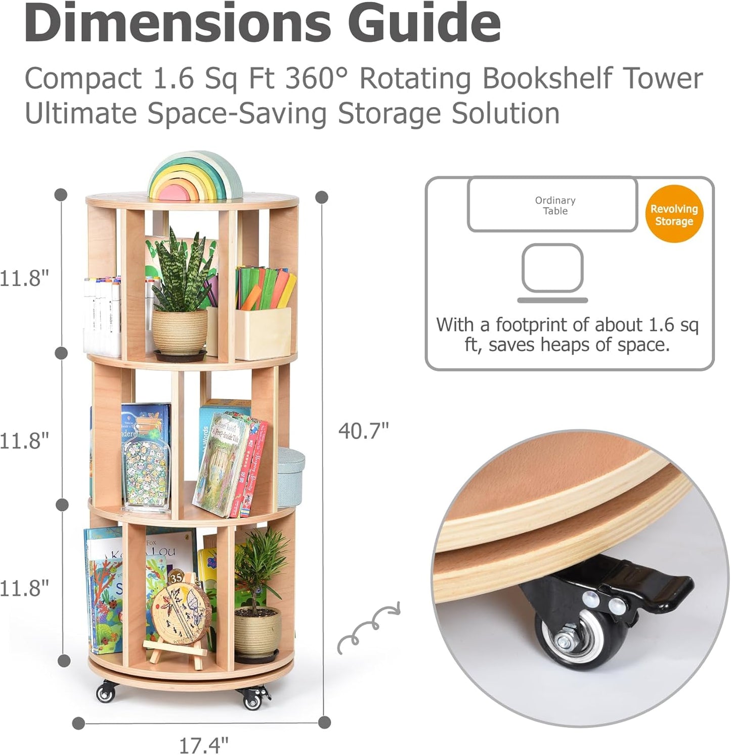 3-Tier Kids Rotating Bookshelf Tower with Lockable Wheels, 360 Display Montessori Storage Rack for Small Spaces, Kids Rooms, and Home Offices