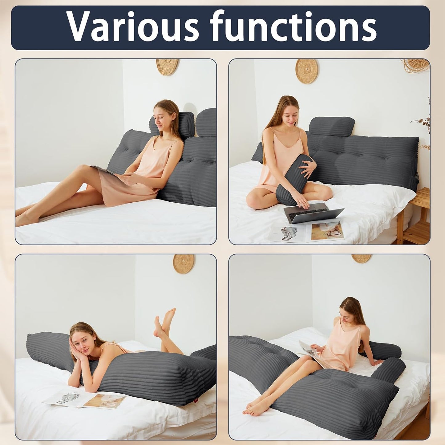 Headboard Wedge Pillow with Neck Roll Pillow Twin Wedge Pillow Headboard Soft and Supportive Bed Rest Reading Pillows for Sitting in Bed with Removable Cover