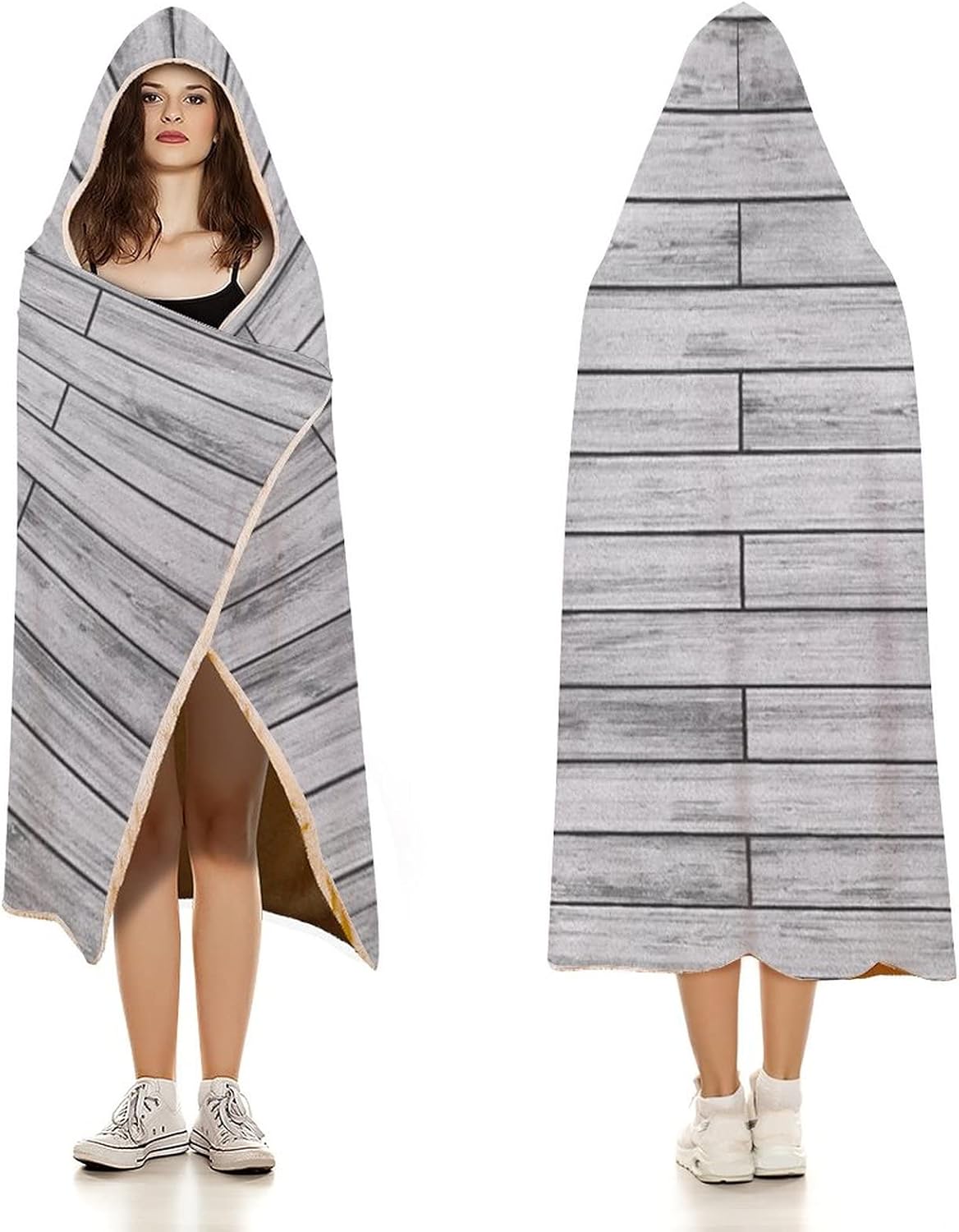 Throw Blankets, Taupe Women Men Hooded Blanket, Picture of Parquet Grey Wood Texture Rusty, Soft Warm Cozy, 60 x 80inches, Studying Reading Snuggling Napping Office, Taupe Grey