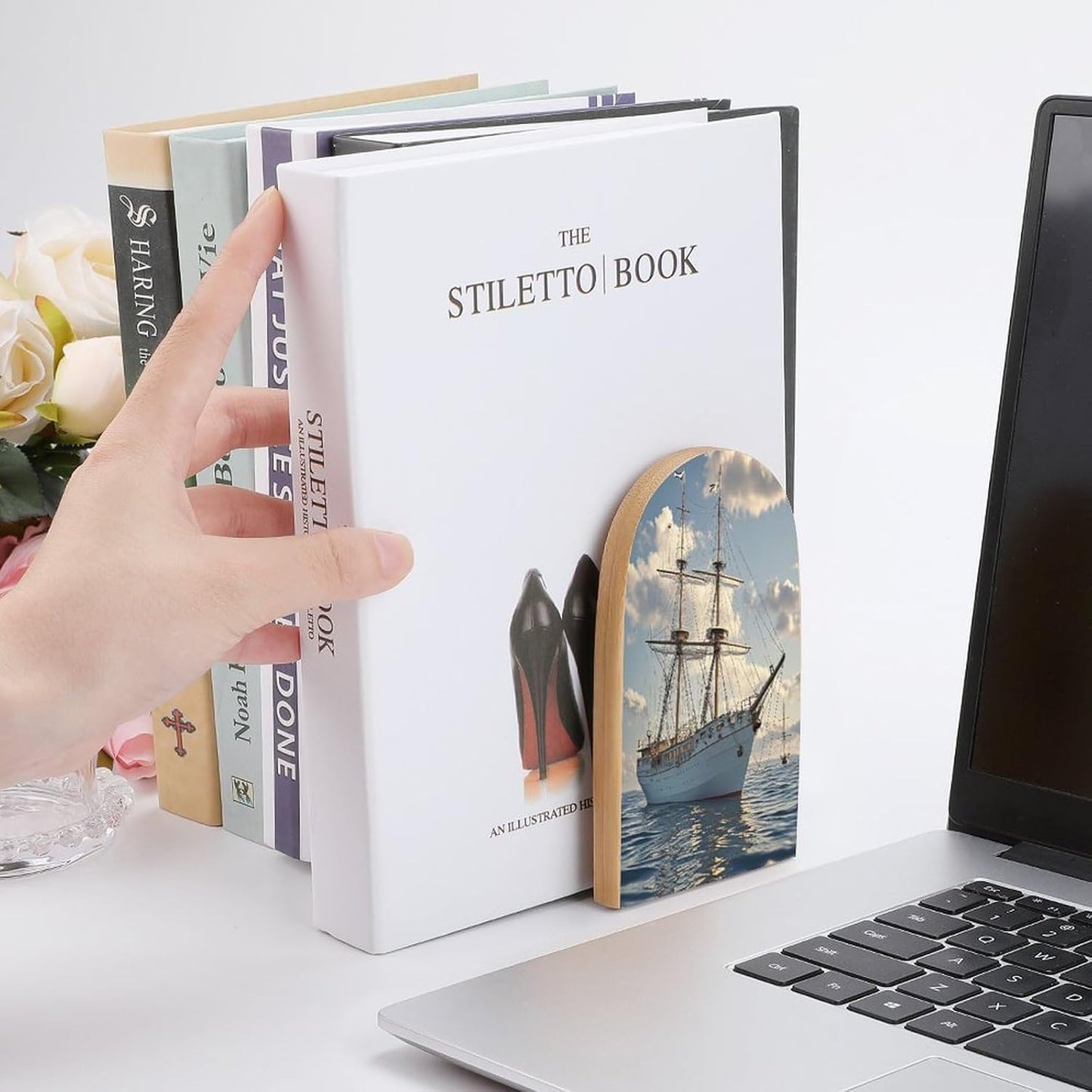 Vintage Nautical White Ship Bookends 1 Pair Heavy Duty Book Ends for Shelves Non-Skid Bookend Supports Wooden Book Holders with Metal Base Desk Organizers Books Storage to Hold Books
