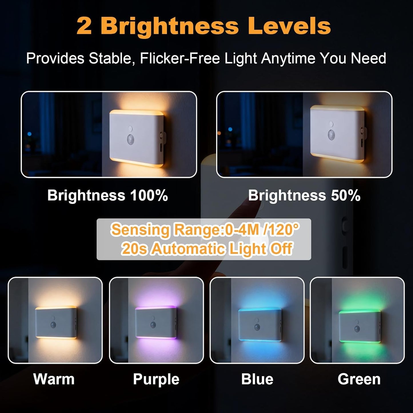 Motion Sensor Night Light 2-Pack, Long-Lasting Rechargeable Magnetic LED Nightlight, Warm & RGB Soft Dimmable, Wireless USB Auto Sensor Lights for Indoor Bedroom, Bathroom, Hallway, Stairs
