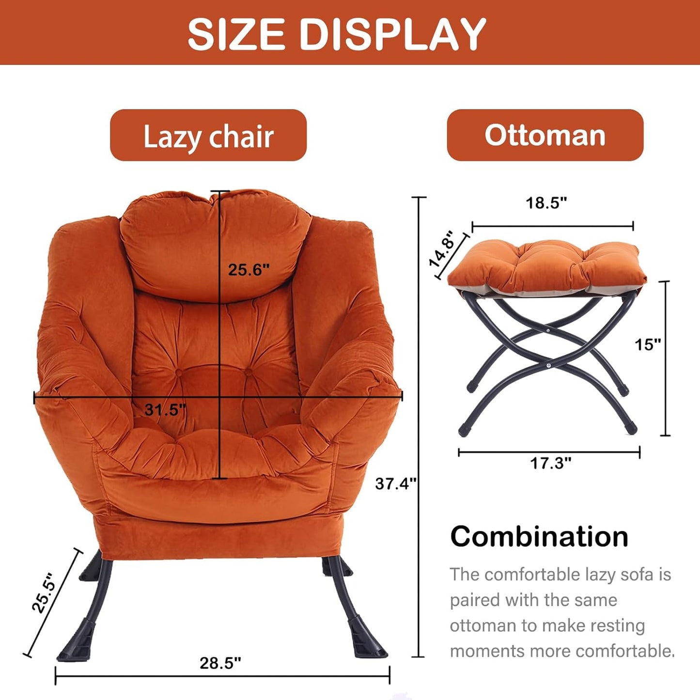 LITA Lazy Chair with Ottoman, Modern Lounge Accent Chair with Armrests and a Side Pocket, Leisure Upholstered Sofa Chairs Set, Reading Chairs with Footrest for Small Space,Orange