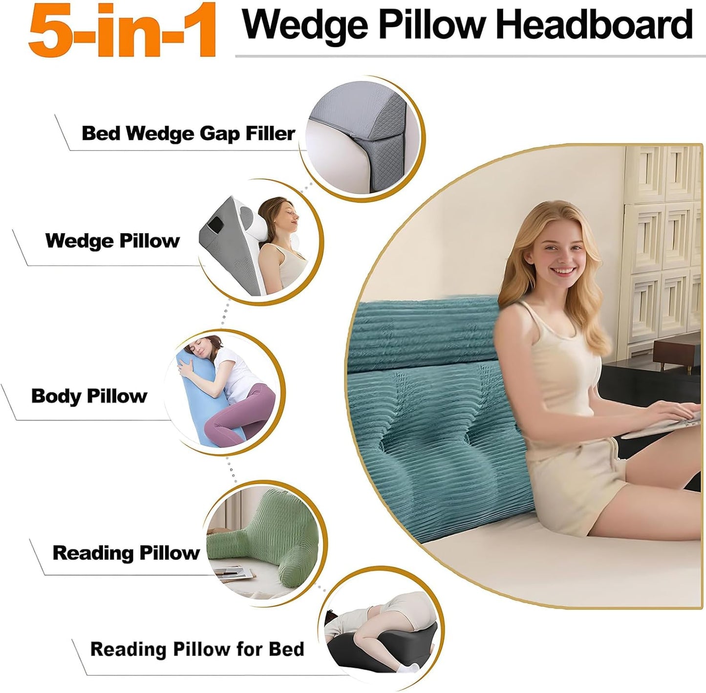 Headboard Pillow Twin, Large Triangular Wedge Cushion with Neck Roll Pillow for Reading Sitting Working, Backrest Positioning Support Bodypillow with Removable Washable Cover for Bed Dorm Sofa