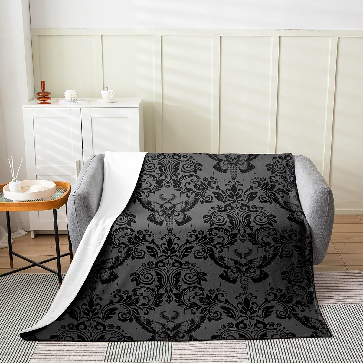 Feelyou Adults Dark Olive Green Vintage Damask Floral Fleece Throw Blanket Oriental Antique Plush Blanket Queen 90"x90" Gothic Boho Flower Fuzzy Blanket Gothic Skull