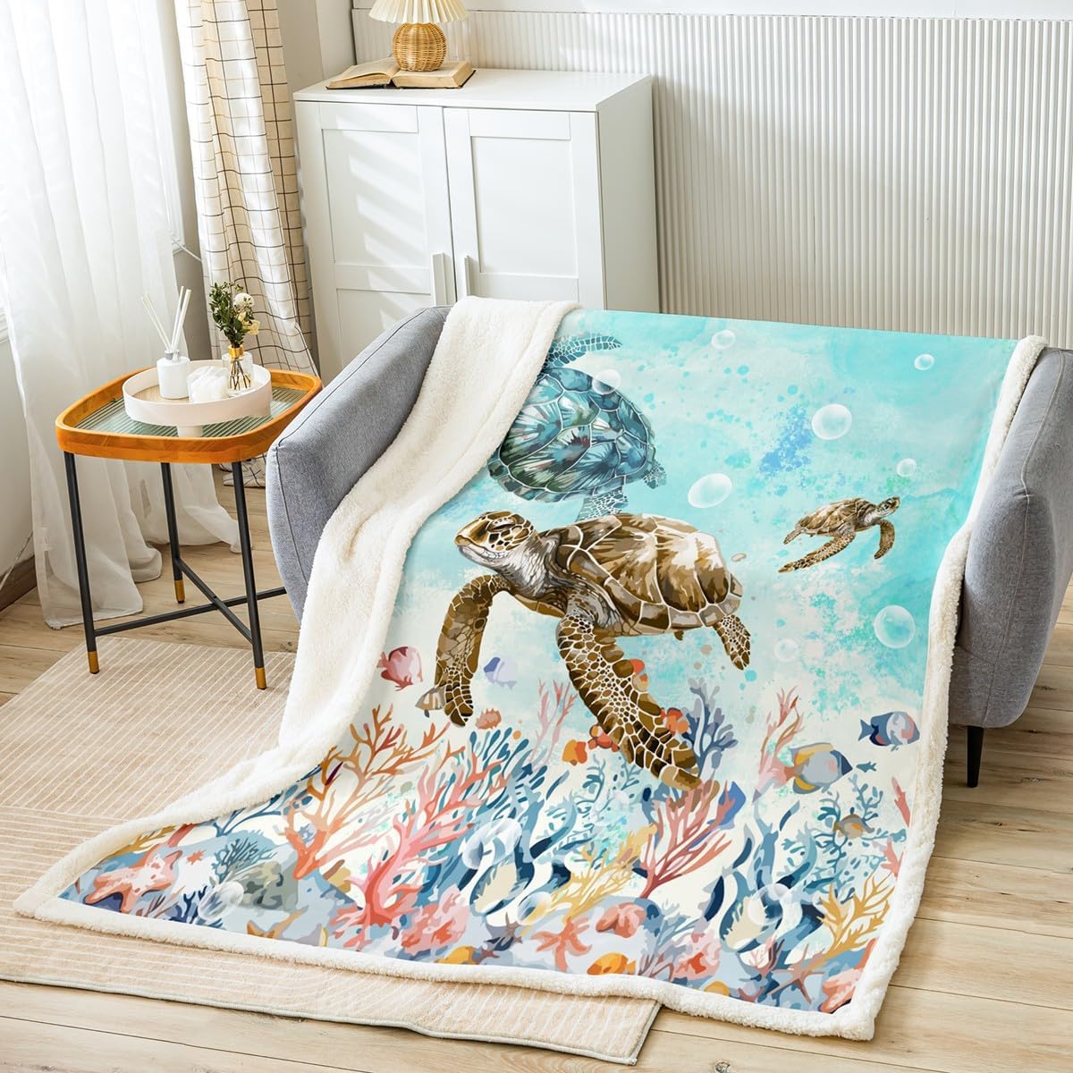 Feelyou Sea Turtle Fleece Throw Blanket Baby 30"x40" Reptile Tortoise Plush Blanket for Bed Sofa Couch Ocean Marine Themed Sherpa Blanket Underwater Animal Pattern Fuzzy Blanket Summer