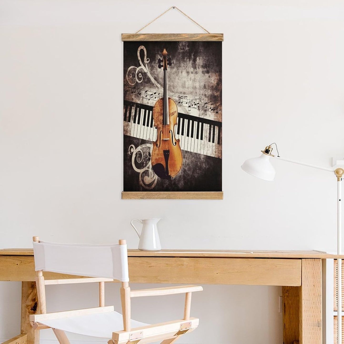Vintage Piano Violin Music Notes Poster with Wooden Frame Personalized Linen Hanging Scroll Painting Rustic Wall Hanging Illustrative Modern Artwork Decor for Home Living Room Bedroom Office