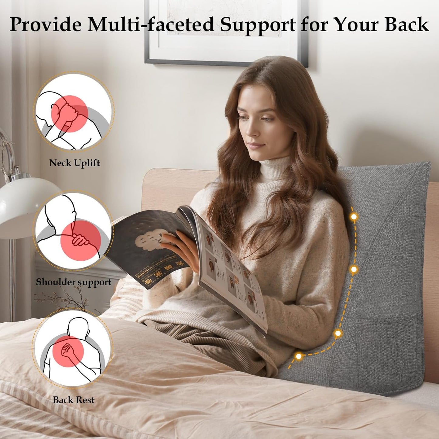 Wedge Headboard Pillow Reading Pillows for Sitting in Bed Adult Backrest Cushion with Removable Cover Side Pockets Sofa Grey