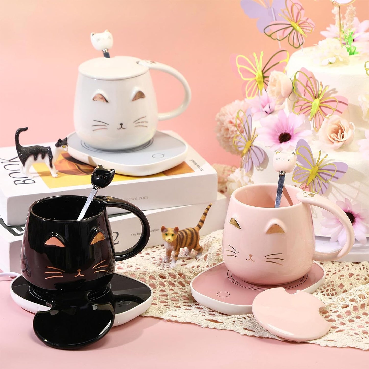Cat Coffee Cup Coffee Warmer with Mug for Women Electric Mug Heater Temperature Control Ceramic Cute Cat Warmer for Office Valentine' Day Birthday Gift(White)