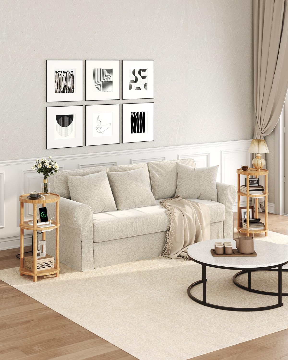 Small Round Side Table with Charging Station for Small Spaces, 3-Tier Solid Wood End Table, Compact Sofa Table Bedside Tables for Living Room, Bedroom, Apartment, Natural