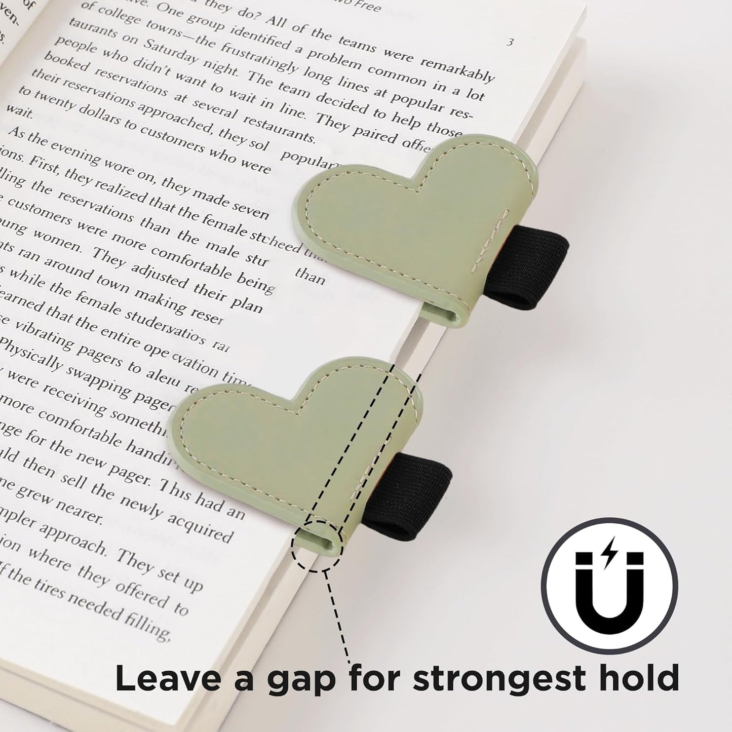 Leather Magnetic Bookmark Pen Loop Holder, Heart Style Pencil Holder Clip for Notebooks, Journals, Calendars, PU Leather Green 3 Pack