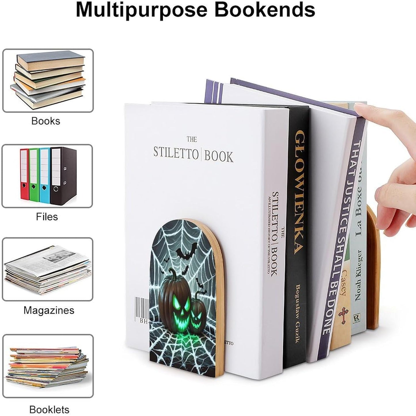 Green Pumpkin Bookends 1 Pair Heavy Duty Book Ends for Shelves Non-Skid Bookend Supports Wooden Book Holders with Metal Base Desk Organizers Books Storage to Hold Books