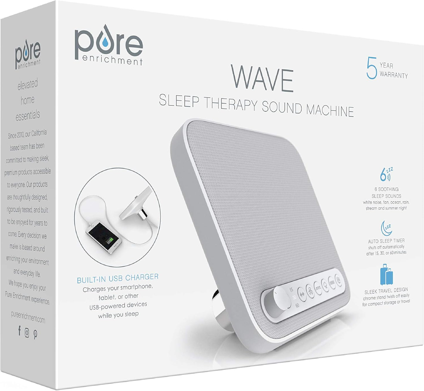 Pure Enrichment Wave Premium Sleep Sound Machine with USB Charger - Seamless Looping with 6 Soothing All-Natural Sounds, & Auto-Off Timer - Easily Portable for Travel (White) Patented Design