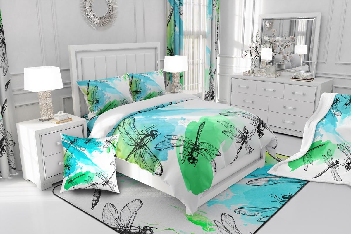 Kawaii Dragonfly Kids Flannel Fleece Throw Blanket Queen 90"x90" Gifts for Sofa Couch Women Fuzzy Blanket for Sofa Couch Animal Decor All Season Bed Blanket Blue Green Plush Blanket BedroomQuilt Cover