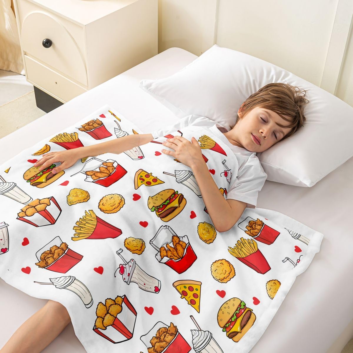 Feelyou Cute Pizza Sherpa Throw Blanket for Couch Chips Hamburger Super Soft Cozy Fleece Chicken Nugget Blanket for Winter, Plush Throw Food Theme Queen 90"x90" All Season