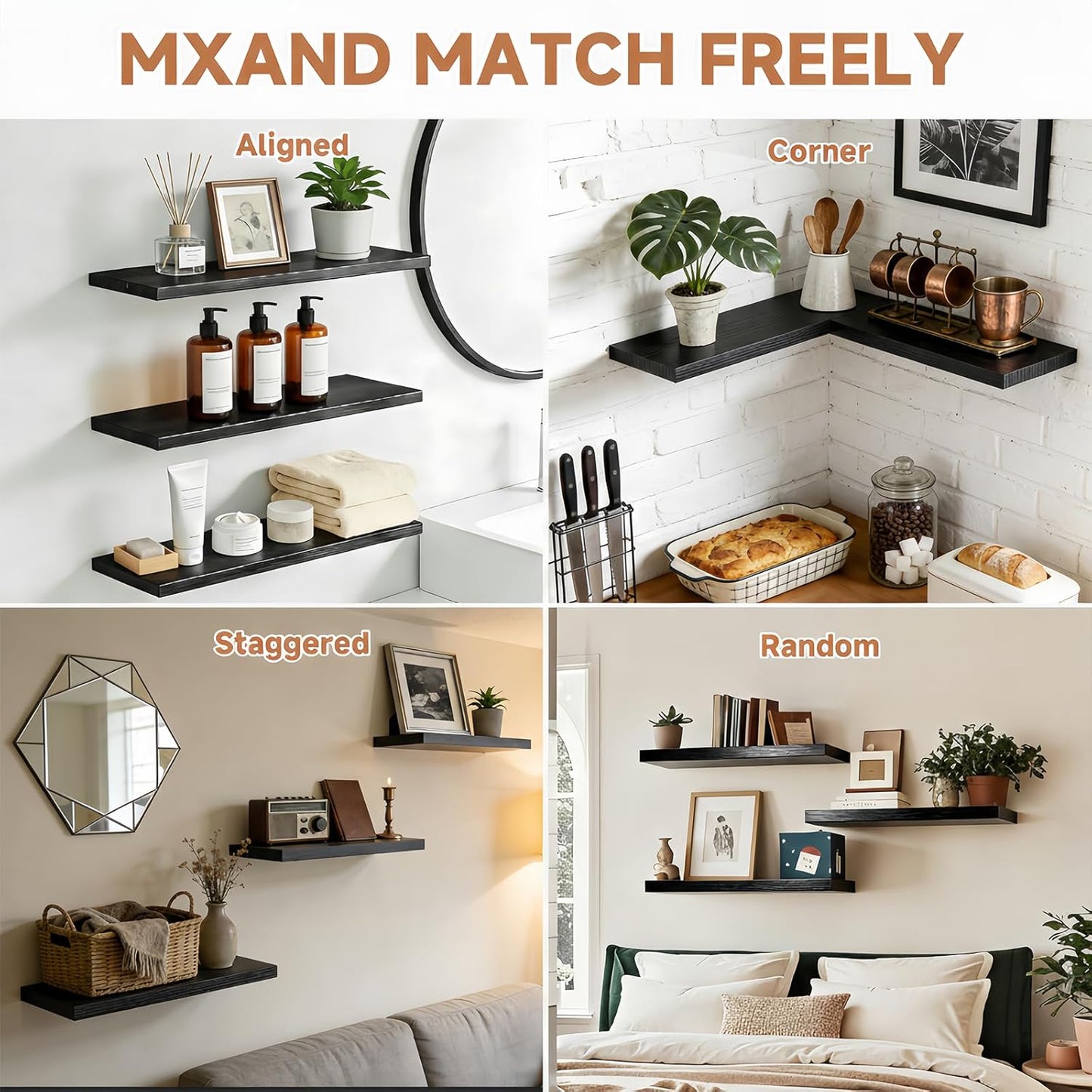 Easy Install Floating Shelves, Wall Mounted Wood Shelf,Hanging Shelf for Home Decor, Books and Storage, Small Organizer for Bedroom, Bathroom, Kitchen, 15.7 Inch Set of 3, Black