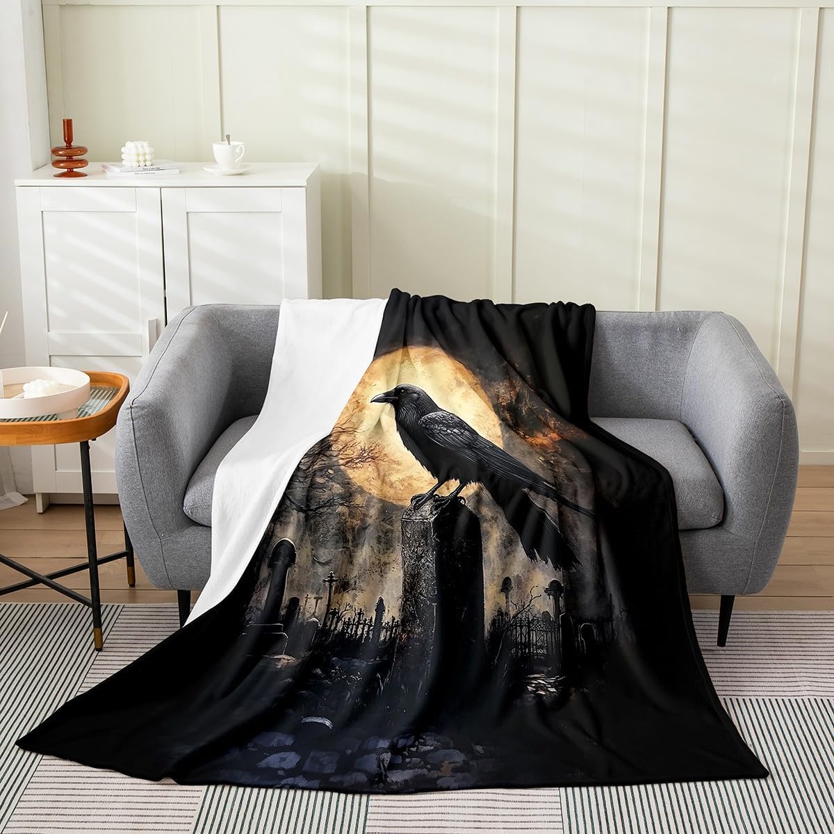 Erosebridal Halloween Crow Blanket Queen 90x90, Creepy Graveyard Luxury Soft Sherpa Blanket, Full Moon Gothic Soft Microfiber Fleece Blanket, Smoke Dark Night Fuzzy BlanketFor Home Room Decor