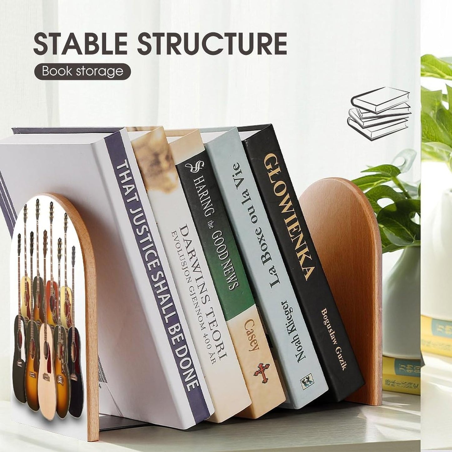 Guitar Wooden Bookend Non-Slip Book Ends Heavy Duty Book Stopper with Metal Base Books Holderd Decorative Bookends Stands Firmly for Office Supplies