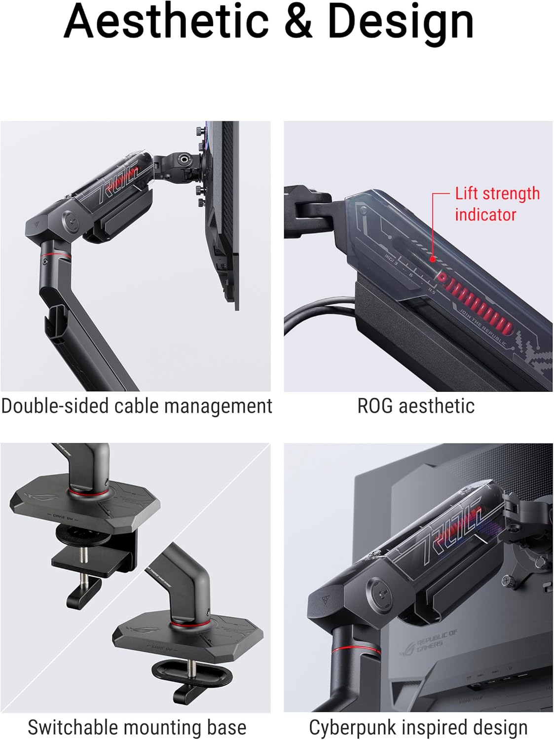 ROG Ergo Monitor Arm (AAS01R) – Mechanical Spring Monitor Mount with Desk Clamp and Grommet Mount, Holds Up to 49-inch* Within 13.5kg, Pivot/Swivel/Tilt/Rotation/Height Adjustable, VESA 100 x 100 mm