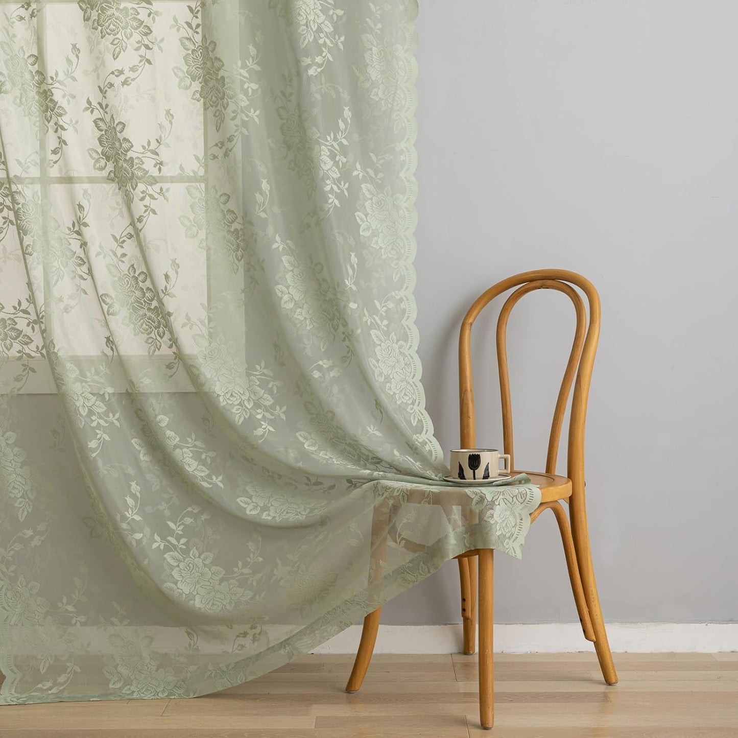 YJ YANJUN Sage Green Sheer Curtains 72 Inch Long 2 Panels Floral Patterned Boho Net Curtains Privacy Lace Gauze Curtain Panels for Boy Bedroom Room Divinding Closet Door 6 FT Length Light Sage