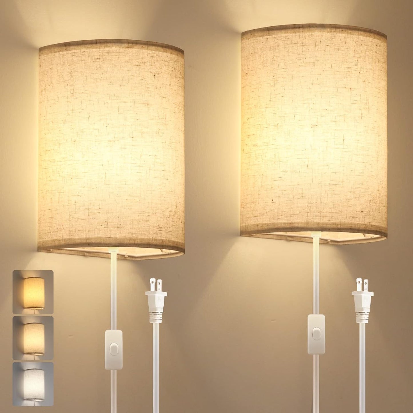 Plug in Wall Sconce, 3 Color Wall Sconces Set of Two, Industrial Lamp with Plug in Cord, Rustic Wall Sconce Fixture, On/Off Switch Vintage Wall Light Fixture for Headboard Bedroom Porch (Beige)