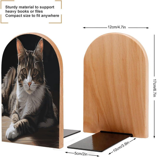 Tabby Cat Bookend for Shelves Wooden Book End Large Size Sturdy Book Holders Stoppers with Metal Base for Bookshelves Slick Decorative Bookends Stands