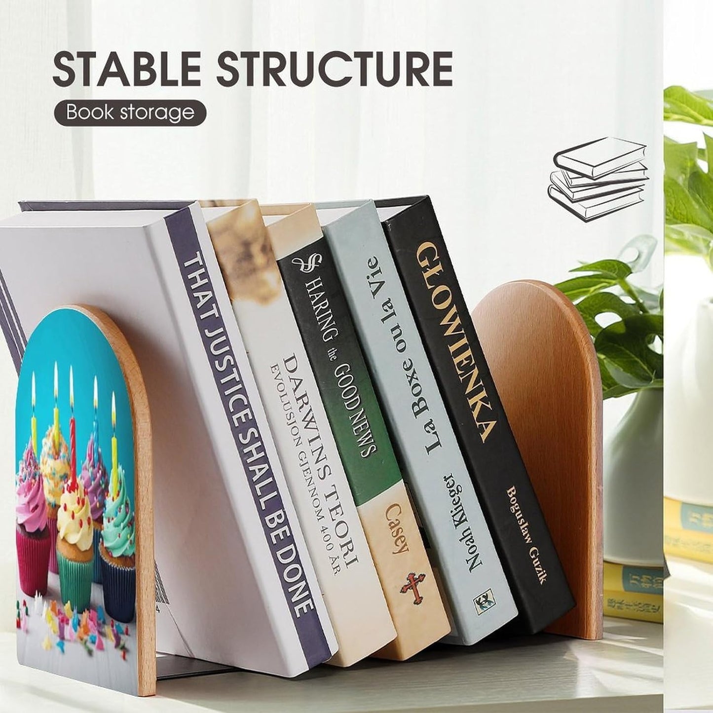 Non-Slip Bookend for Shelves Colorful Happy Birthday Cupcakes Wooden Bookends with Metal Base Decorative Book Stopper for Home Heavy Duty Wood Book Storage for Books/CDs