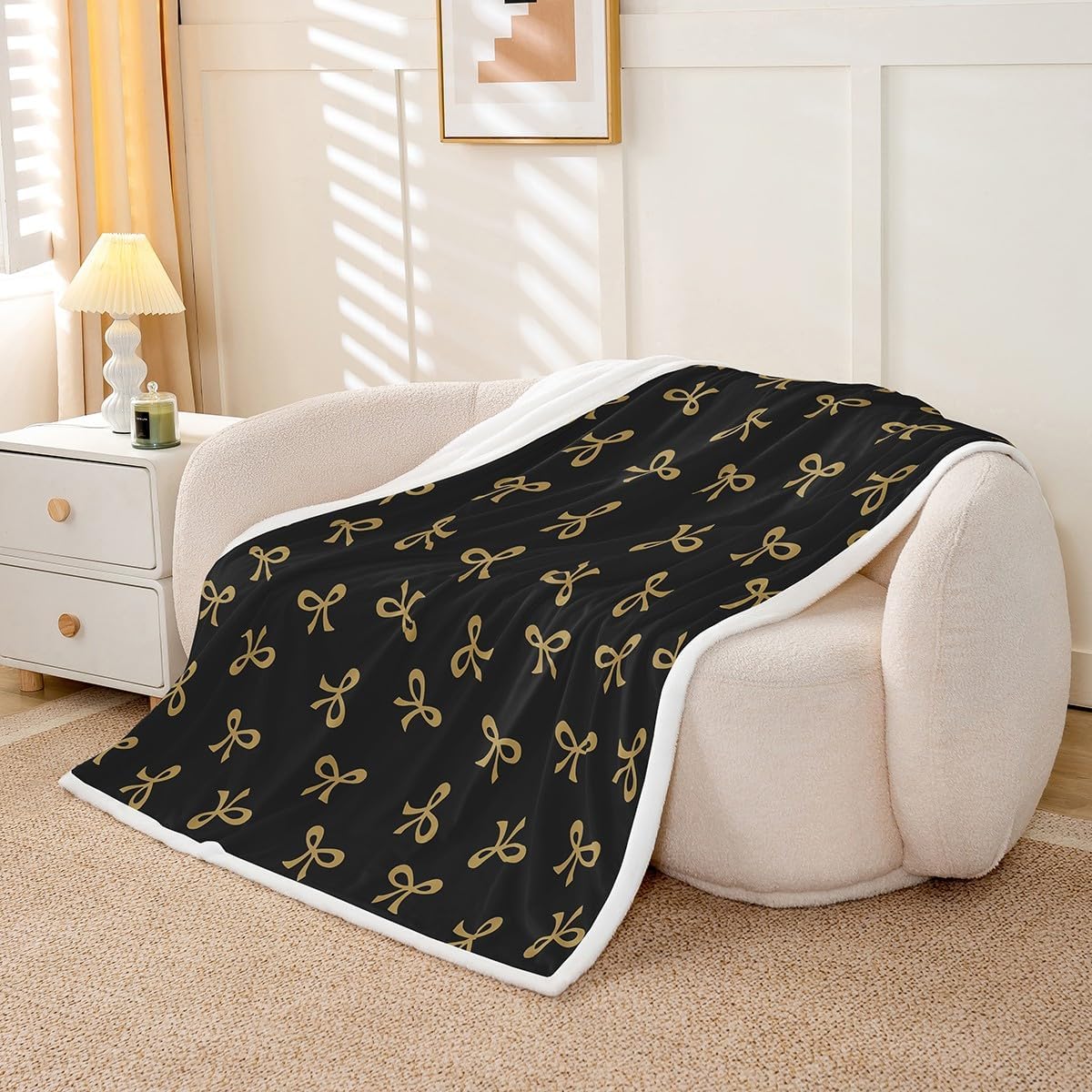Feelyou Bow Black Gold Fleece Throw Blanket Cute Kawaii Sherpa Blanket for Kids Women Men Plush Fuzzy Ribbon Bow Knot Throw 50"x60" Princess Bowknot Girly for Bed Couch Chair Living Room Bedroom Decor