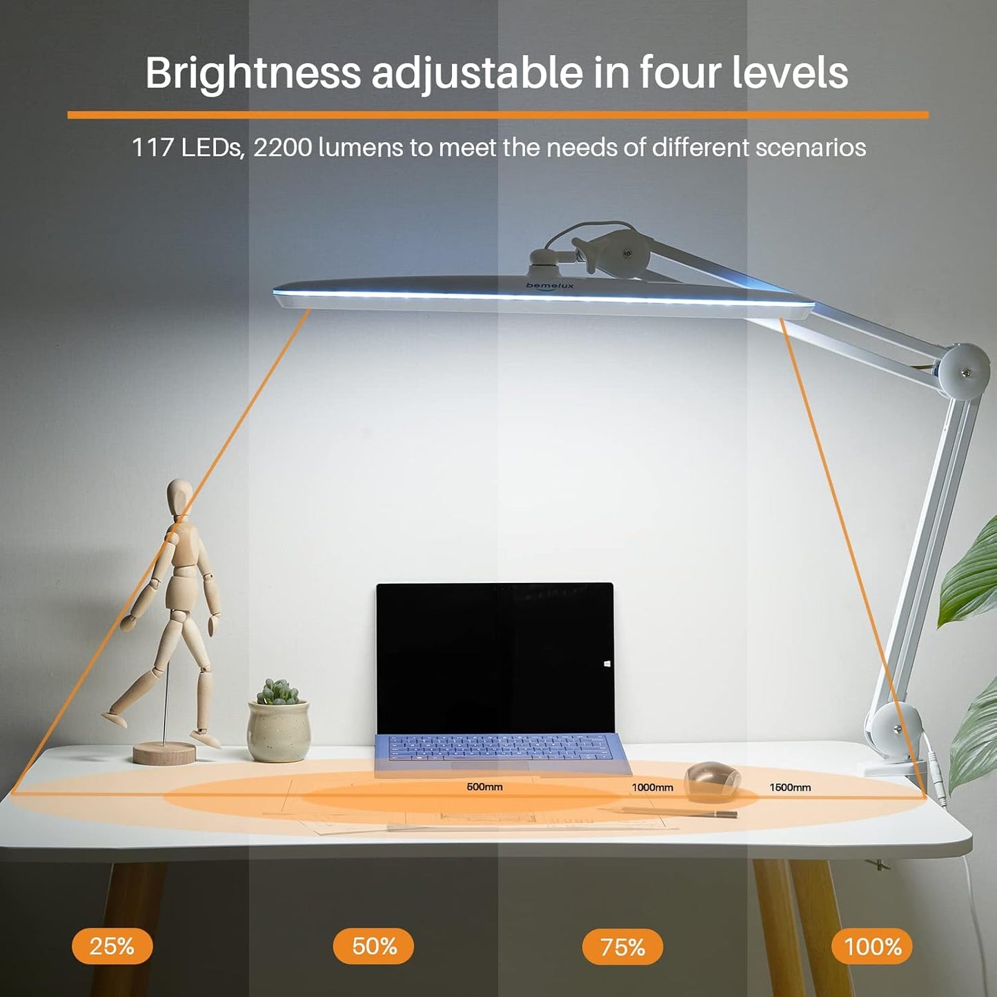Task Lamp with Clamp, Bright 117PCS LEDs, Metal Swing Arm 24W 2200 Lumen Dimmable Led Desk Lamp for Architect Home Office Study Reading Dorm Workbench Craft, 23 Inch Working Lamp(White)