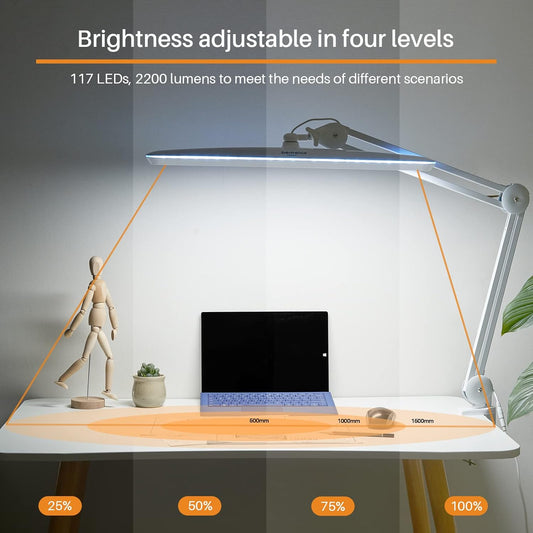 Task Lamp with Clamp, Bright 117PCS LEDs, Metal Swing Arm 24W 2200 Lumen Dimmable Led Desk Lamp for Architect Home Office Study Reading Dorm Workbench Craft, 23 Inch Working Lamp(White)