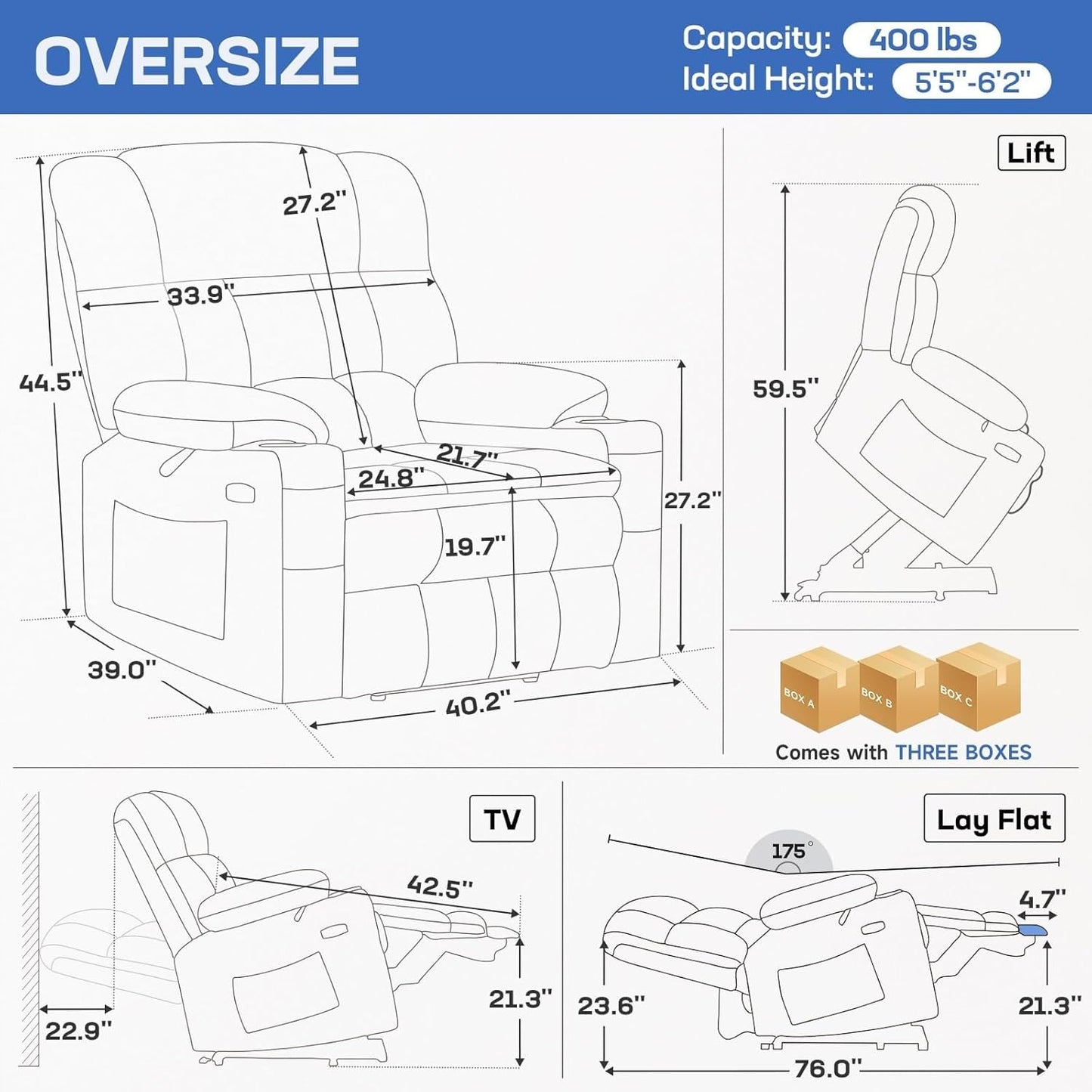 Oversized Dual Motor Electric Power Lift Recliner Chair for Elderly with Infinite Recline, Plush Fabric, Heated Massage, Adjustable Headrest, USB Charging, Cup Holders, Comfortable Ergonomic Design