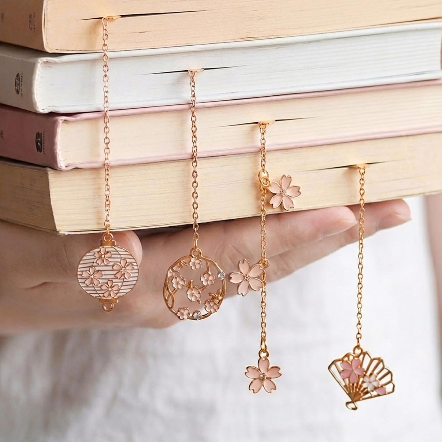 Metal Bookmarks for Women, Cute Japanese Cherry Blossom Bookmark Set of 4 with Chain, Pretty Floral Book Marks, Fancy Reading Accessories and Bookish Gifts for Book Lovers