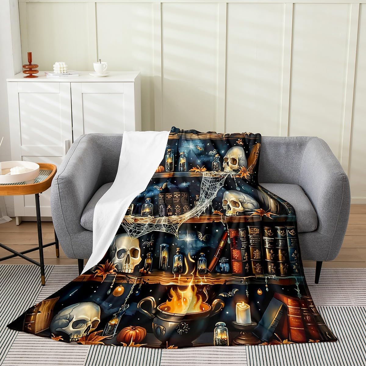 Gothic Halloween Kids Flannel Blanket,Skull Skeleton Spide Web Trippy Throw Blanket,Wooden Bookshelf Reading Books Cozy Throws for Bed Couch Sofa,Black Soft and Breathable,Twin Size (60 x 80 Inches)