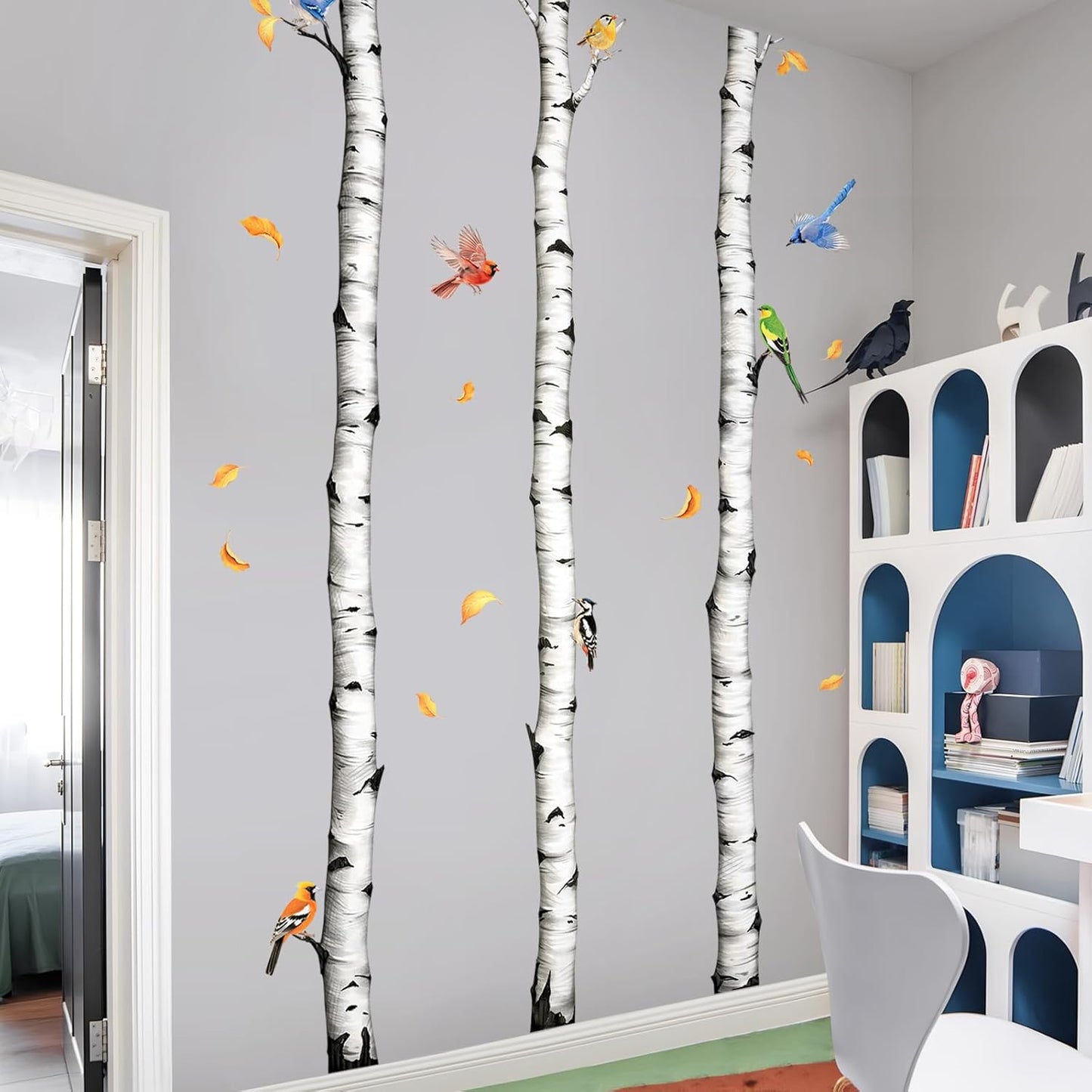 Tall Birch Tree Wall Decals – White Realistic Aspen Trunk Stickers for Aisle Bedroom Office Sofa TV Backdrop, Removable Peel and Stick Decal, Easy DIY Home Décor (3 Trees, H94.5)