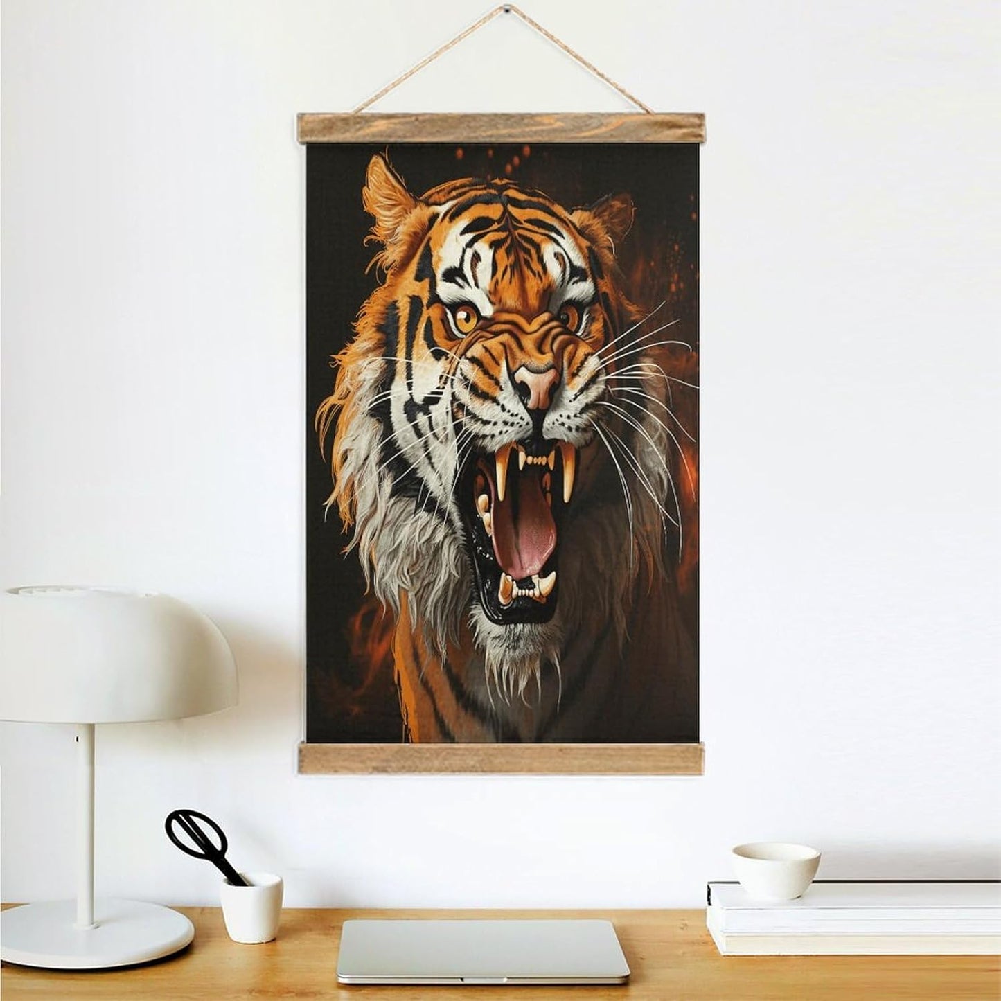 Vintage Roaring Tiger Poster with Wooden Frame Personalized Linen Hanging Scroll Painting Rustic Wall Hanging Illustrative Modern Artwork Decor for Home Living Room Bedroom Office