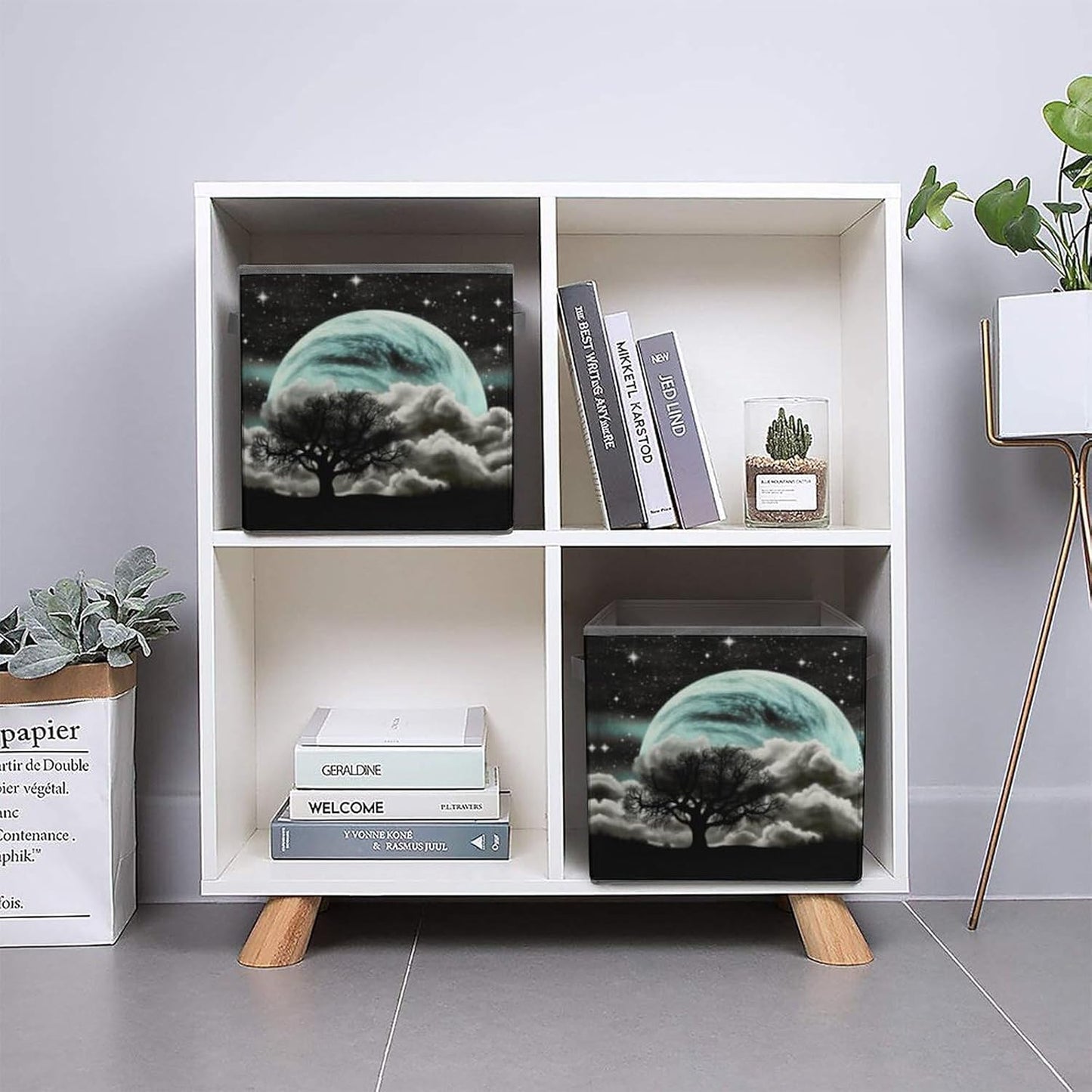 Starry Night Black Tree Art Storage Bins with Handles Fashion Large Storage Cubes Sturdy Foldable Storage Boxes Space-Saving Storage Baskets for Home Office Clothes Closet Organizers