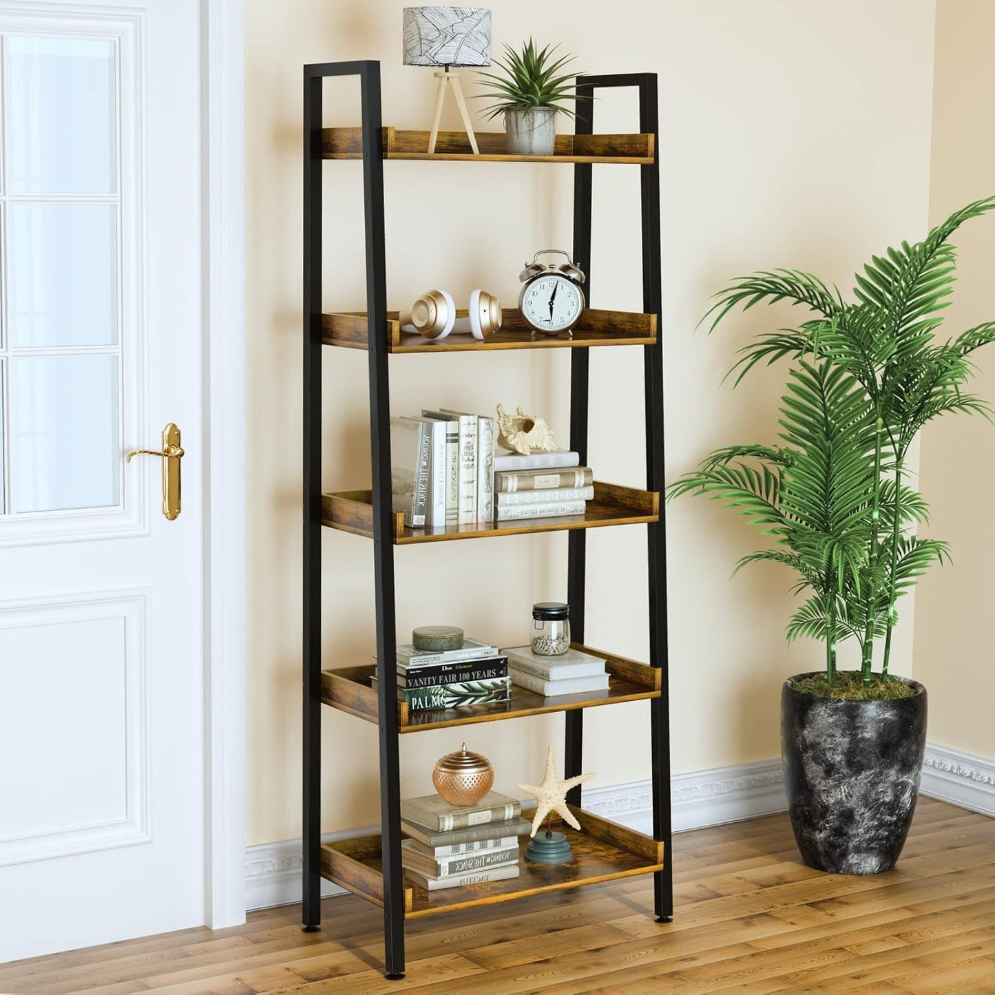 ASTARTH Ladder Shelf-5 Tier Bookshelves w/Open Shelf for Storage, Industrial Bookshelf & Tall Ladder Shelf-Metal Frame for Bedroom, Living Room, Kitchen-67.3'' H, Easy Assembly, Rustic Brown