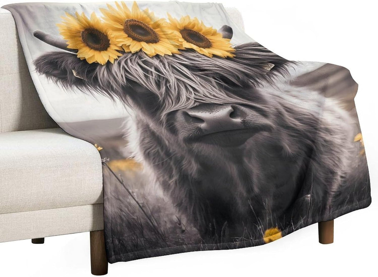 Highland Cow Black and White Throw Blanket for Couch Bed Plush Cozy Fuzzy Flannel Blanket for All Season 55"x70"