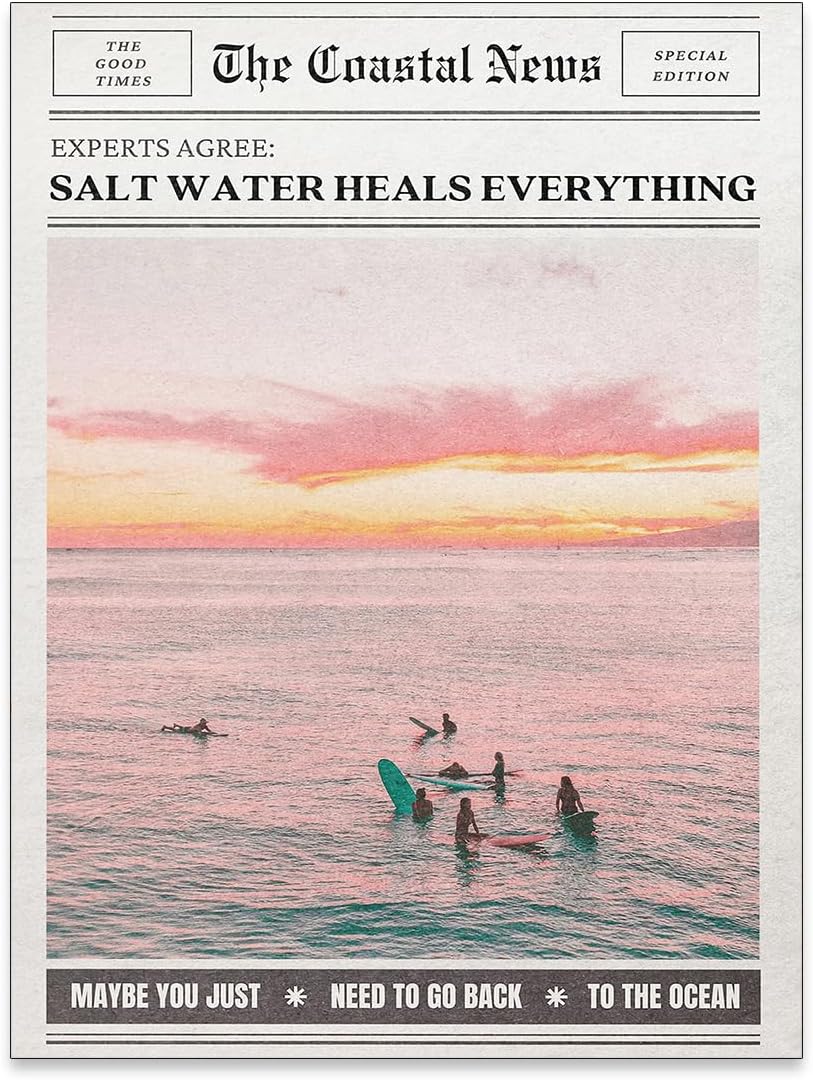 Pink Beach Newspaper Posters Vintage Fashion Coastal Girl Surf Wall Art Grainy Salt Water Heals Everything Canvas Prints for College Dorm Bedroom Wall Decor 12X16 inch Unframed