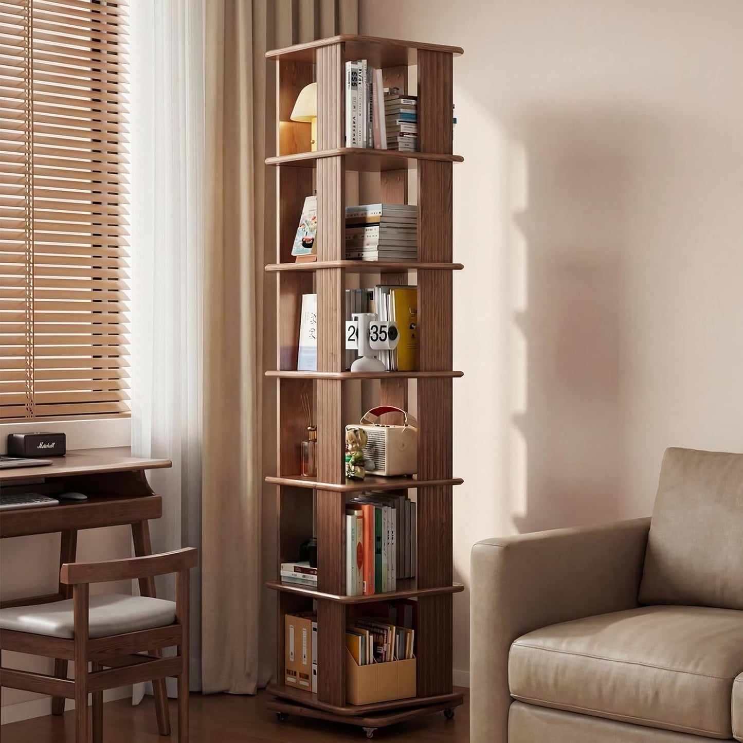 Solid Wood Rotating Bookshelf, 6-Tier Rolling Bookcase，360 Degree Revolving Bookshelf，Spinning Bookshelf Tower for Small Spaces, Bedroom，Office，Living Room，Classroom (Walnut)