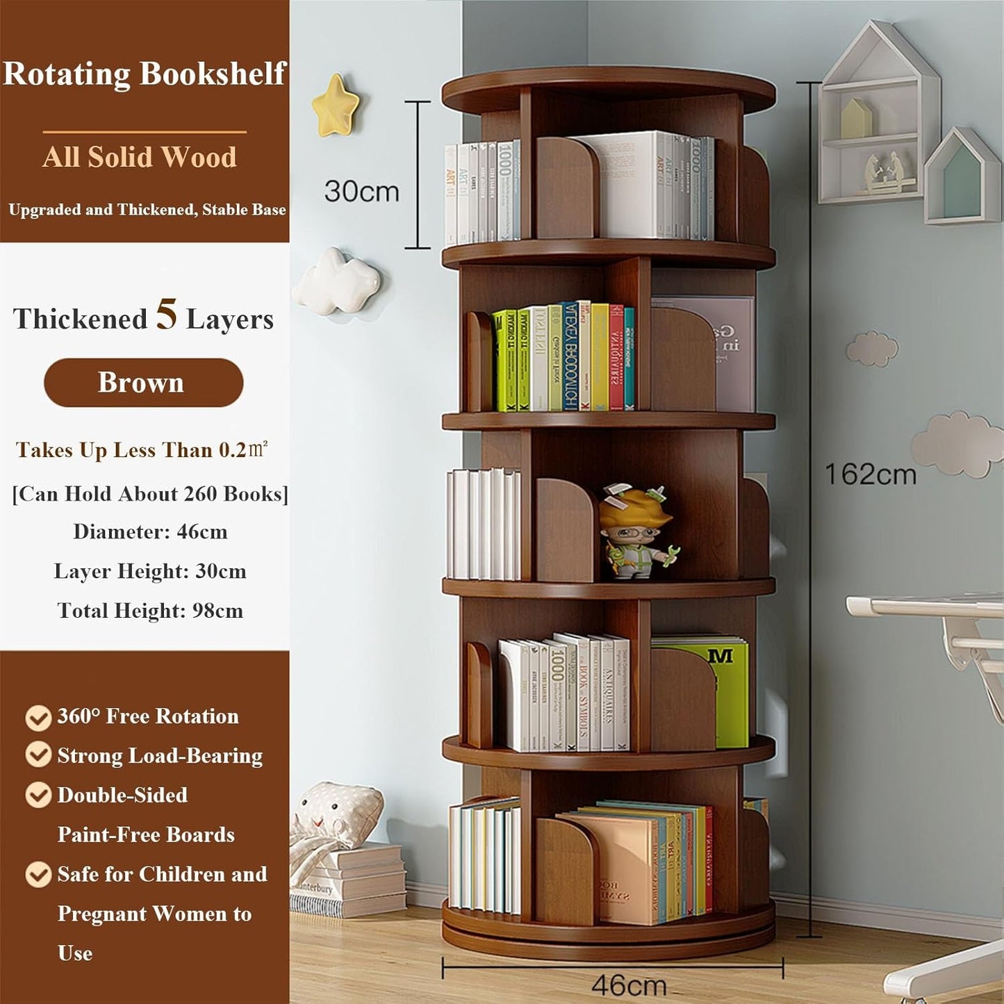 3/4/5/6Tier Solid Wood Rotating Bookshelf Tower Corner Bookshelf For Small Space, Spinning Bookcase Revolving Bookcase Stackable Bookshelf Organizer For Bedroom, Living Room(Brown-Five layers)