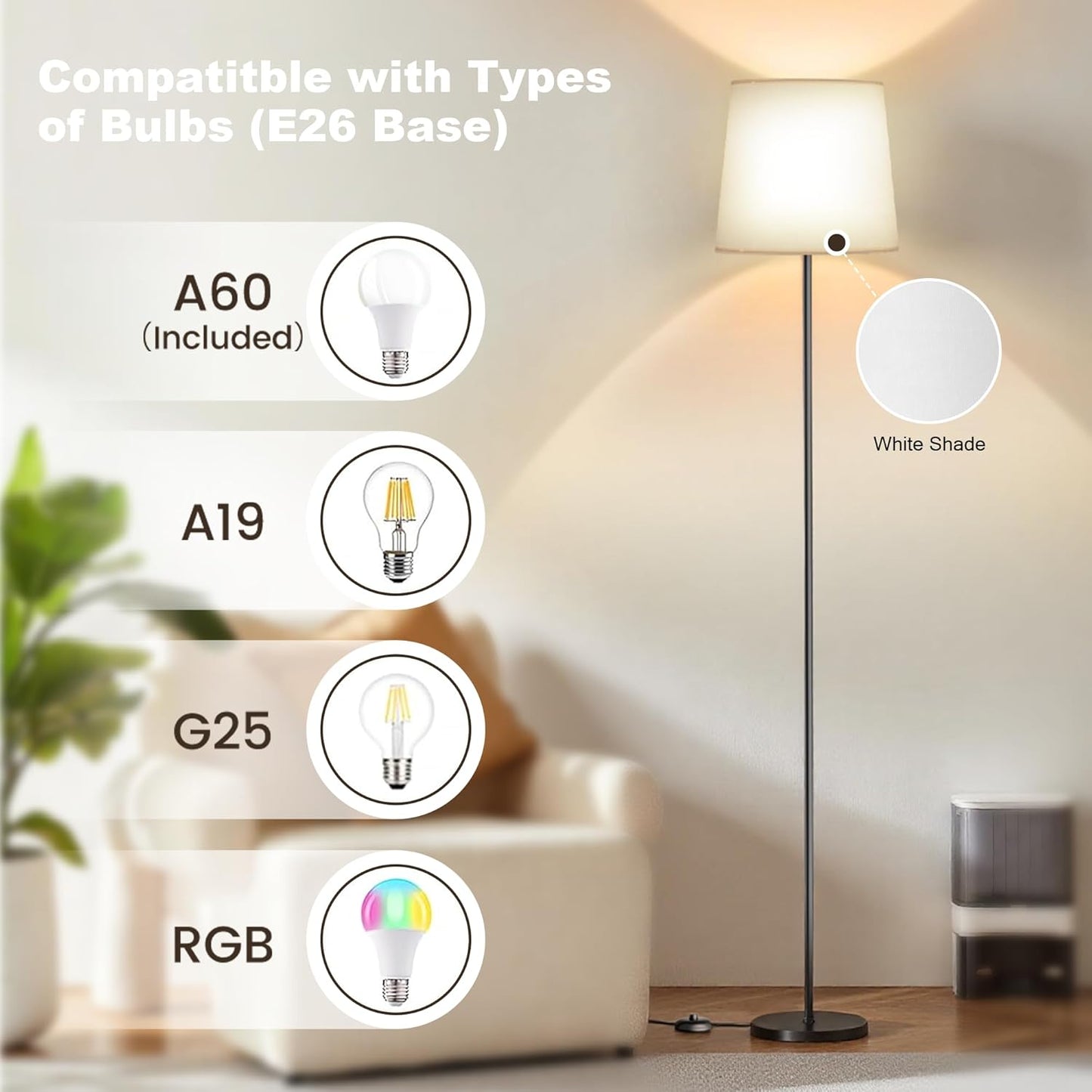 Floor Lamp with White Fabric Shade - Color Chaning Standing Lamp with Foot Switch, 3 Color Temps, 9W E26 LED Bulb Included, 62" Floor Reading Light for Living Room Bedroom Office Corner