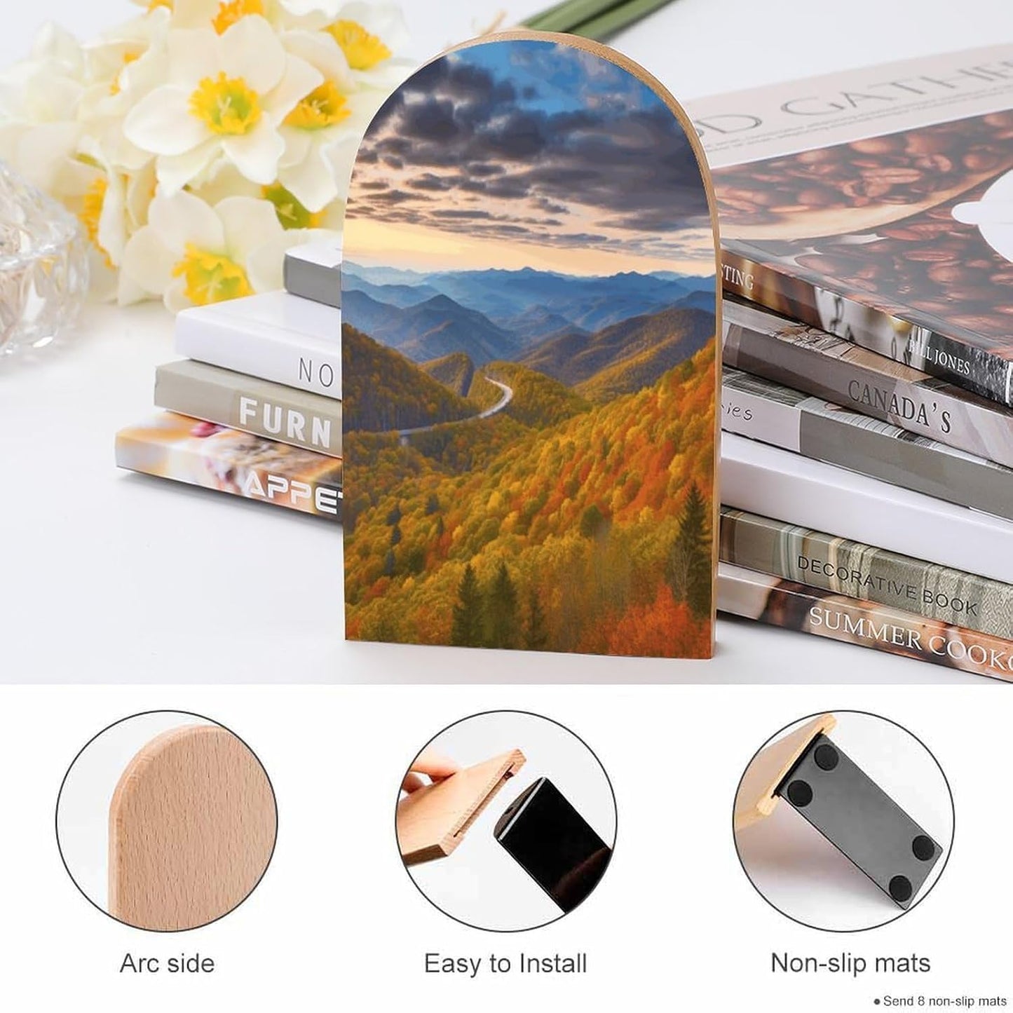 Blue Ridge Parkway Mountains Bookends 1 Pair Heavy Duty Book Ends for Shelves Non-Skid Bookend Supports Wooden Book Holders with Metal Base Desk Organizers Books Storage to Hold Books