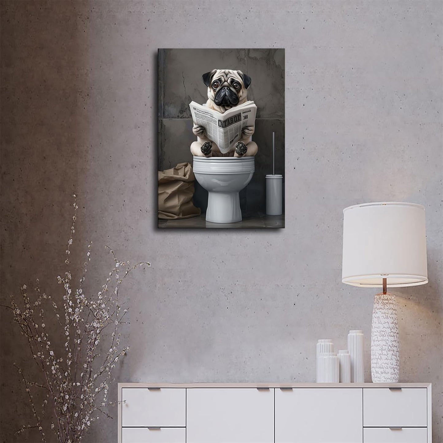 chenmjj Pug Sitting on Toilet and Reading Newspaper Print Poster Picture HD Print Poster Retro Painted Modern Home Bedroom Room Aesthetic Decoration Canvas Art (12x18inch Unframed)