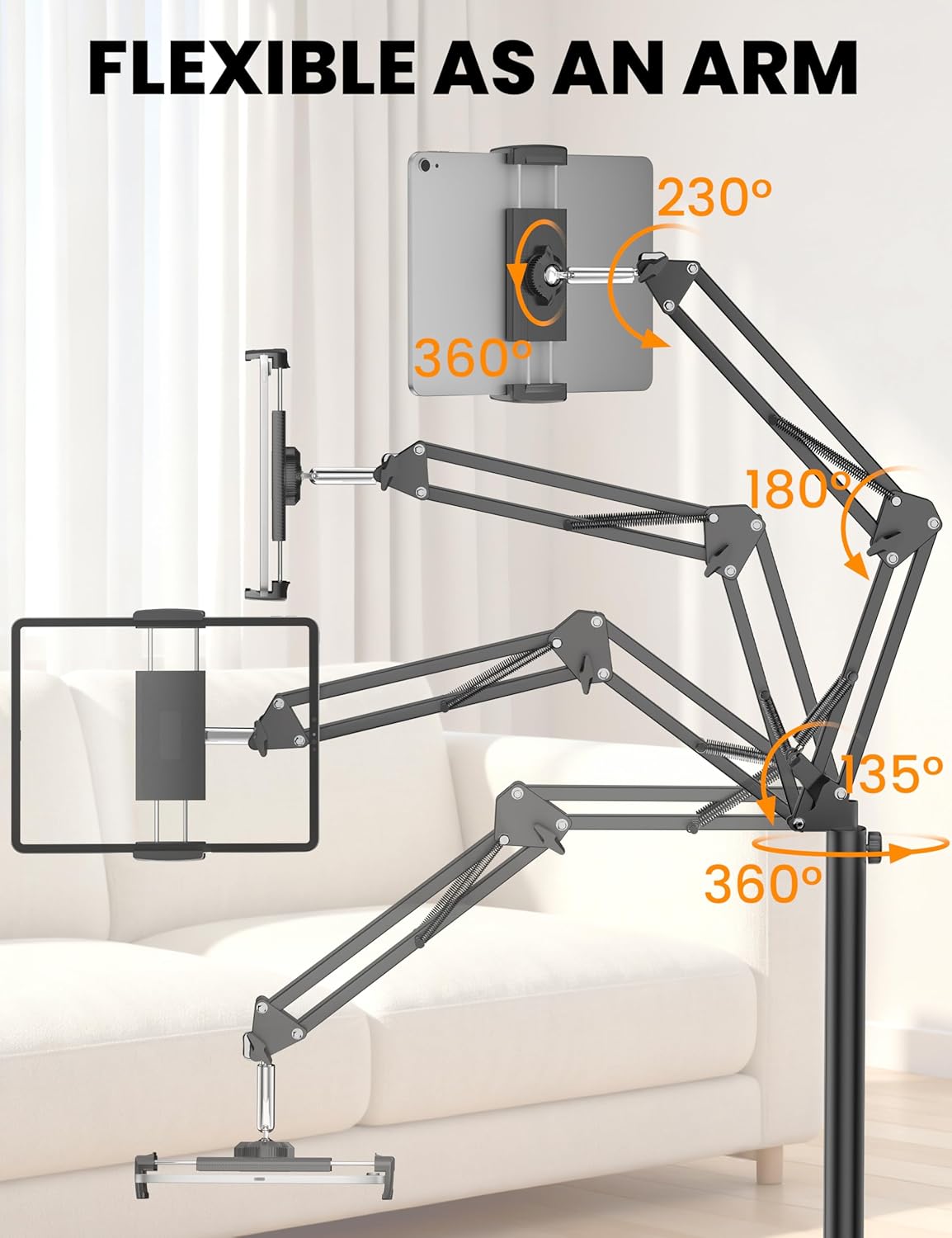 Tablet Floor Stand, 360-Degree Rotatable Metal Tablet Holder Stand, Adjustable Height and Angle iPad Stand,Universal Tablet Holder for iPad/Phone/Kindle/Tabs/E-Readers and all 4.7~12.9” Screen Devices