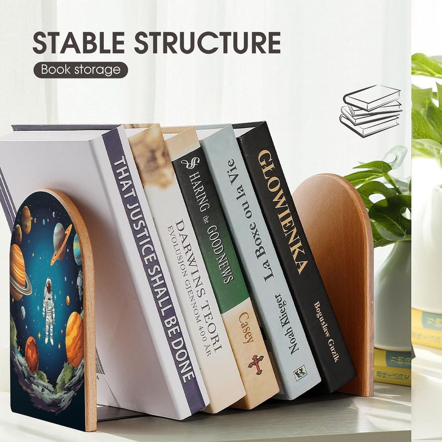 Outer Space Rocket Astronaut Bookend for Shelves Wooden Book End Large Size Sturdy Book Holders Stoppers with Metal Base for Bookshelves Slick Decorative Bookends Stands