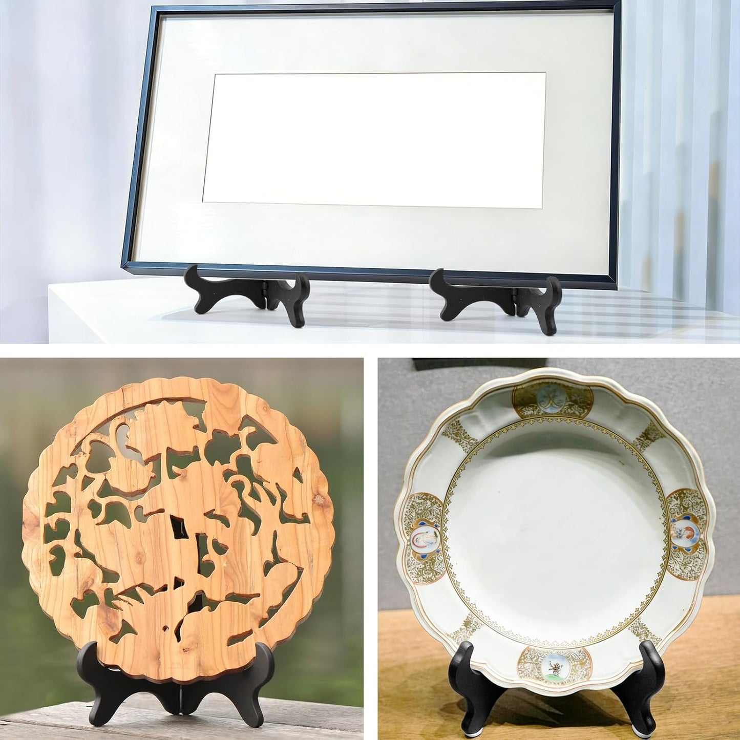 4PCS 4" Easel Plate Stand, Wood-Like Plastic Display Stand Holder Folding Displays Stand for Decorative Picture Frame Book Dish Artwork
