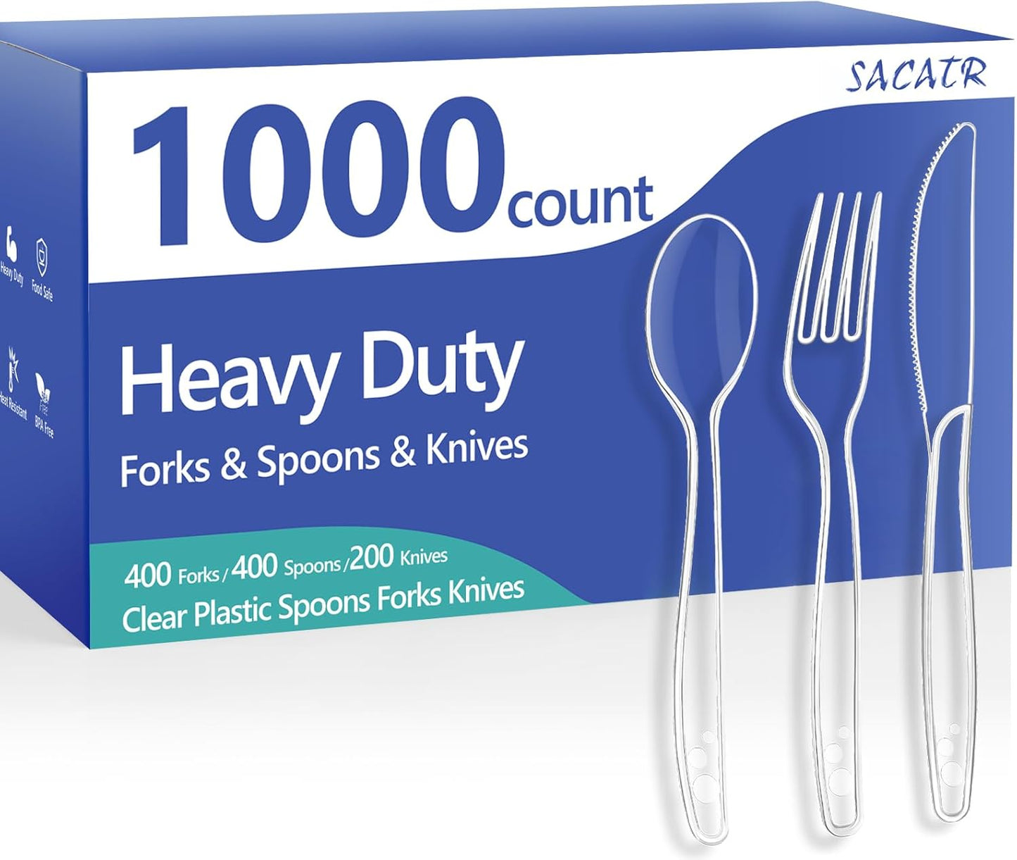 SACATR 1000 Count Plastic Silverware Heavy Duty - 400 Forks, 400 Spoons, 200 Disposable Knives, BPA-Free, Disposable Plastic Cutlery Set, Plasticware Suitable for Party Everyday Use