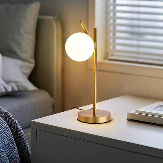 Mid Century Modern Globe Table Lamp, White Glass Shade Bedside Lamp - Eye-Caring Night Light for Bedroom, Living Room, Study Room