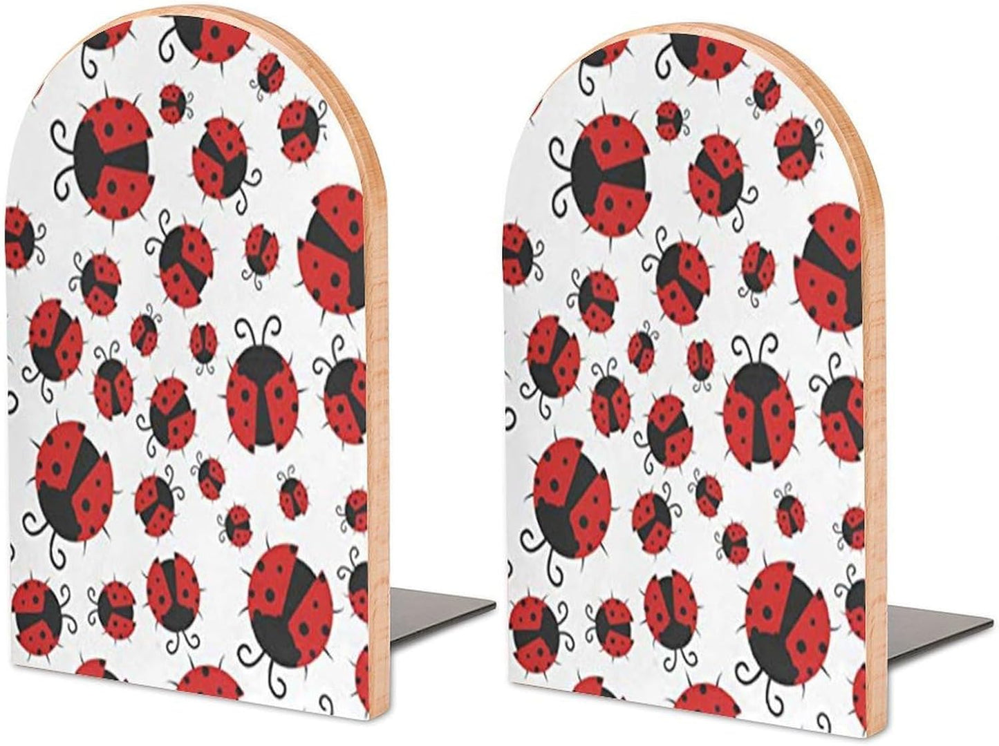 Funny Ladybug Wooden Bookend Non-Slip Book Ends Heavy Duty Book Stopper with Metal Base Books Holderd Decorative Bookends Stands Firmly for Office Supplies