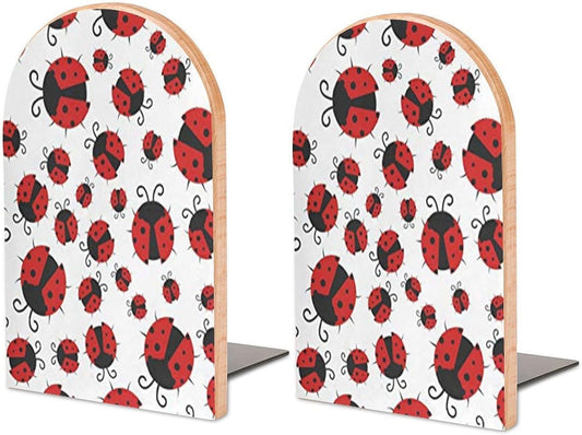 Funny Ladybug Wooden Bookend Non-Slip Book Ends Heavy Duty Book Stopper with Metal Base Books Holderd Decorative Bookends Stands Firmly for Office Supplies